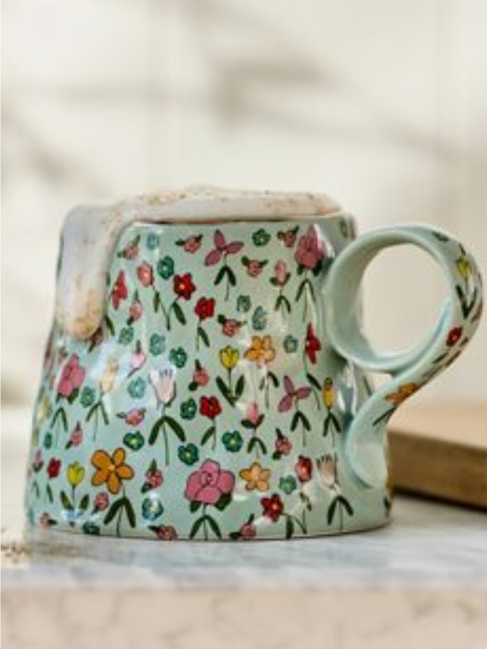 Anthropologie The Mud Fairy Bloomin HeartsStoneware Mint Green Floral Mug
